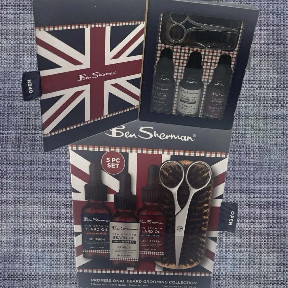 Ben Sherman Professional Beard Grooming Oils-Brush-Scissors- 5 Piece Set